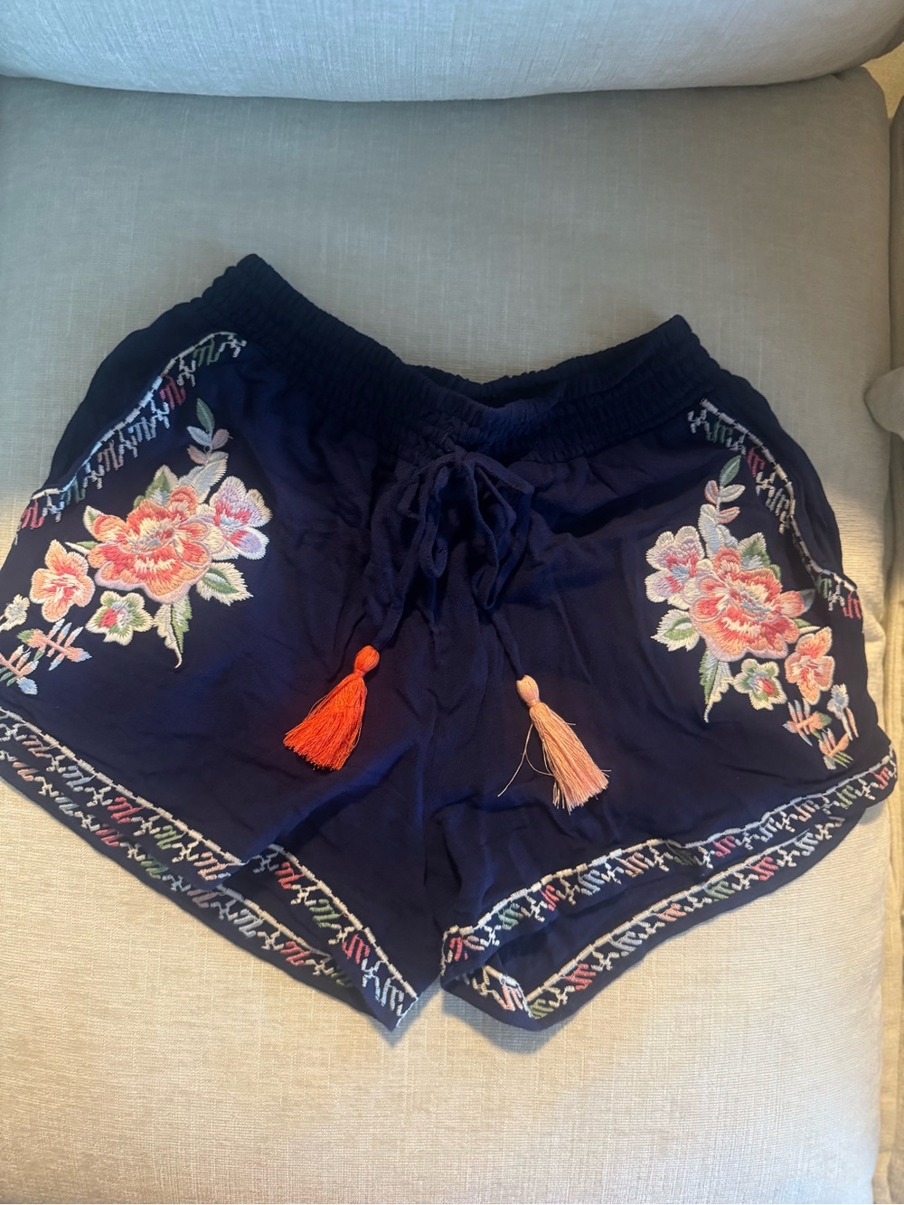 THML Navy Floral Embroidered Shorts with Tassel Drawstrings